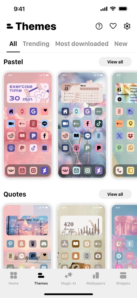 Aesthetic: App icons & Widgets - Users can explore a vast collection of curated themes, including aesthetic 'Pastel' options and inspirational 'Quotes' themes, to transform their device's look.