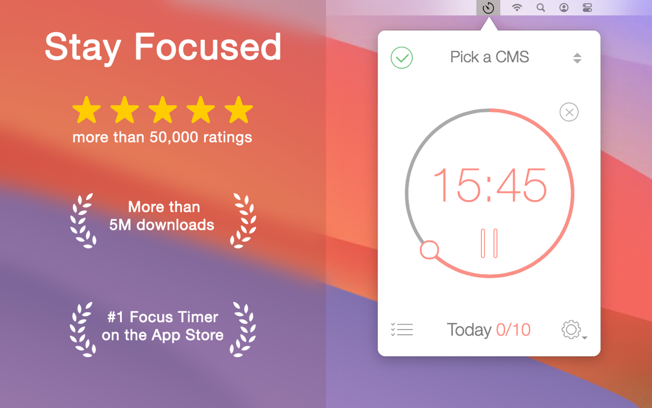 Be Focused Mac menu bar timer interface