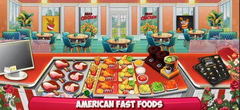 Cooking Mastery: Kitchen Games - La aplicación exhibe un moderno restaurante de comida rápida especializado en pollo frito crujiente y guarniciones clásicas, con mesas y sillas de diseño contemporáneo para los clientes.