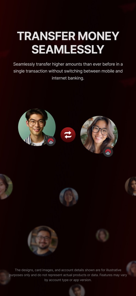 AYA Mobile Banking - Dieses Tool illustriert die einfache Geldüberweisung zwischen zwei Personen, dargestellt durch deutliche Profilbilder der Nutzer, die durch ein zentrales Pfeilsymbol verbunden sind, um den Transferfluss zu visualisieren.