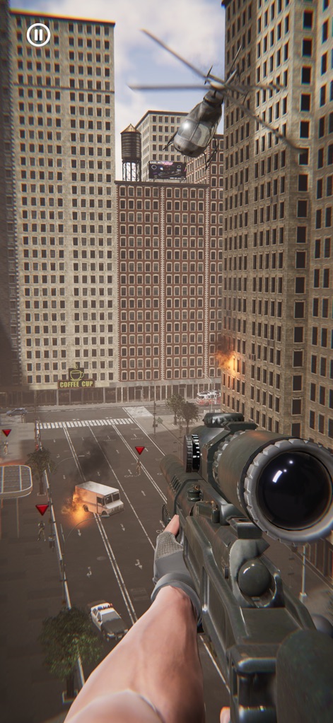 Sniper Agent: Offline Shooter - The app immerses players in dynamic street-level combat, featuring realistic destruction elements and active helicopter presence.