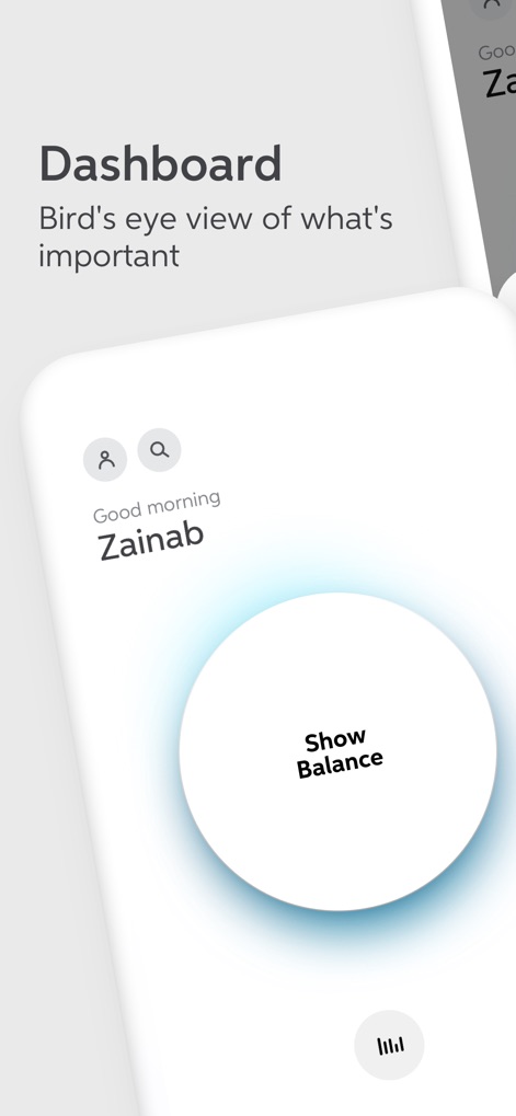 UBL Digital - Safe Banking - The app presents a customized greeting to the user, 'Good morning Zainab', alongside an intuitive 'Show Balance' button for quick access.