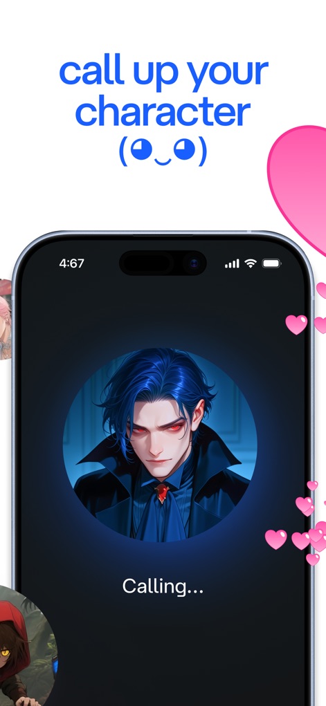 Character AI: Chat, Talk, Text - La función de "llamada en curso" con un "avatar de personaje vibrante" en pantalla y los "corazones flotantes" alrededor ilustran la conexión personal y emotiva que los usuarios pueden establecer con la IA.
