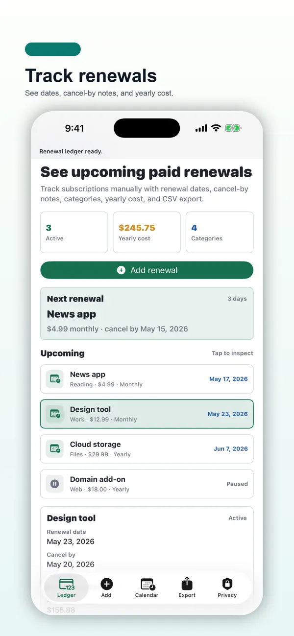 Screenshot #1 pour Subscription Renewal Ledger