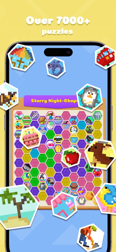 Nonogram - Jigsaw Number Game - La herramienta destaca su impresionante colección de más de 7000 puzzles, organizados visualmente en un formato de iconos hexagonales que invitan a la exploración.