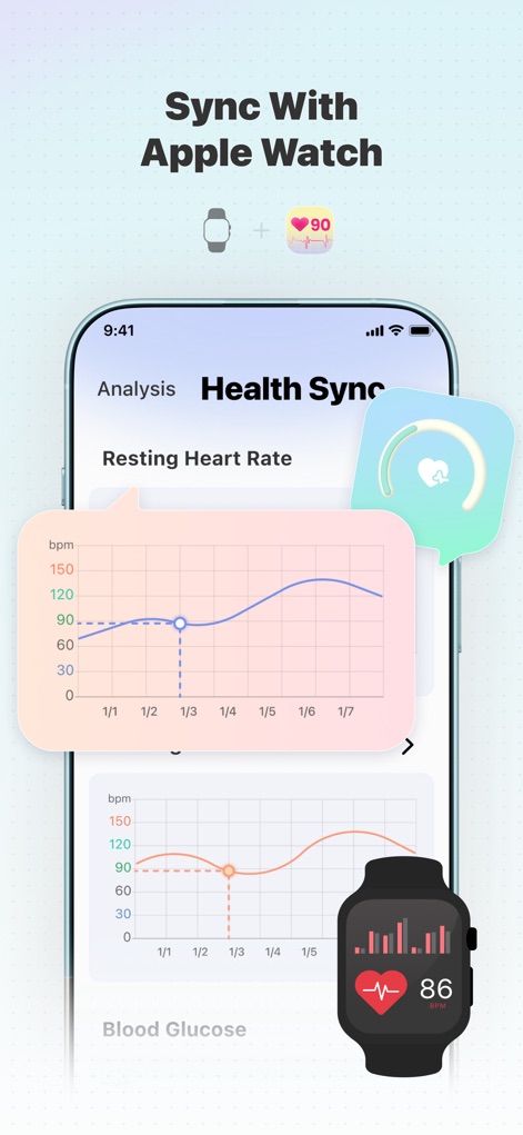 Health Partner: Pulse & Sugar - This tool ensures comprehensive data tracking through seamless "Health Sync" with external devices, displaying detailed "Resting Heart Rate" graphs and an integrated "Apple Watch" visualization.