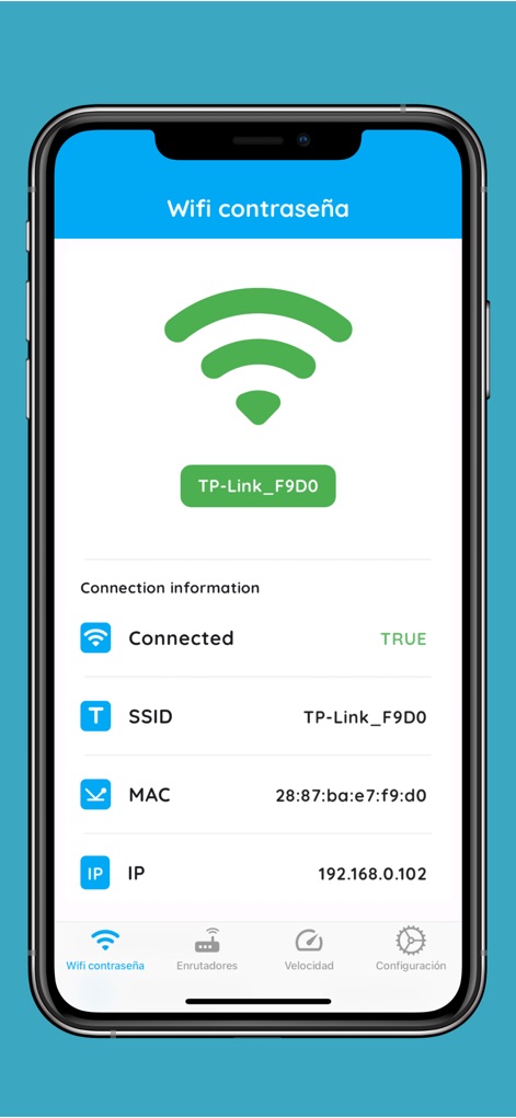 Wifi Password & Speed check - This screen provides critical network details, displaying the current connection status and the associated IP address.
