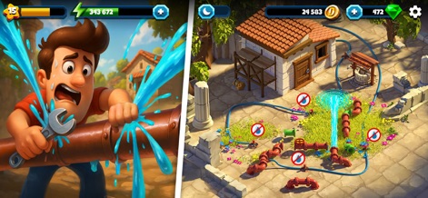 Diggy's Adventure Quest: Maze - 한 장의 이미지는 디기가 터진 파이프를 고치려는 급박한 상황을, 다른 이미지는 복잡하게 연결된 파이프라인과 물이 흐르는 마을 배경을 통해 퍼즐 메커니즘을 시각적으로 나타냅니다.