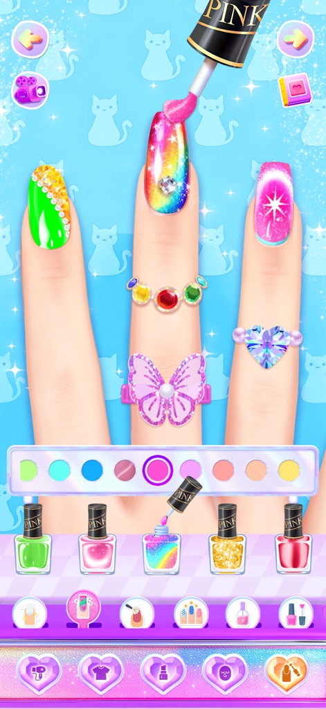 Aha Makeover-Beauty Salon Game - Das Nagelstudio bietet eine Fülle an Gestaltungsmöglichkeiten, von den bunten, individuellen Nageldesigns bis hin zu passenden glitzernden Nagelringen.