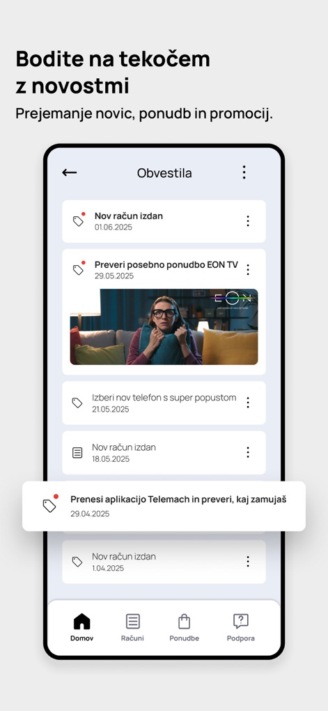 Telemach Slovenija - Users can stay up-to-date with an organized list of "Obvestila" (Notifications), including prominent alerts for "Nov račun izdan" (New bill issued) and personalized special offers.