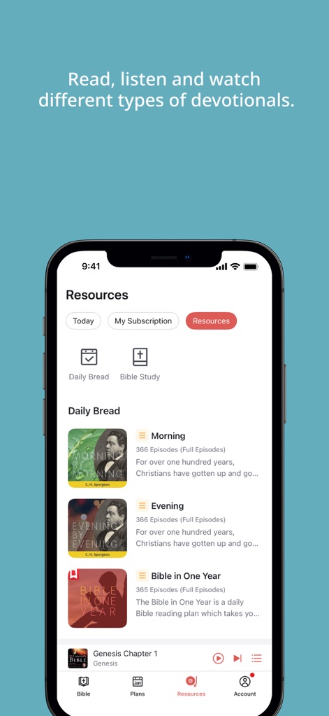 WeDevote Bible 微读圣经 - Esta sección de recursos muestra una variedad de devocionales diarios, como los contenidos de "Morning" y el plan "Bible in One Year", para guiar a los usuarios en su crecimiento espiritual.