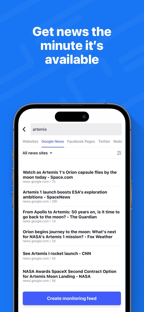 Inoreader: News & RSS reader - Users can access breaking news the moment it's published, with a dynamic search bar that instantly pulls articles related to specific keywords like 'Artemis' from various trusted sources.