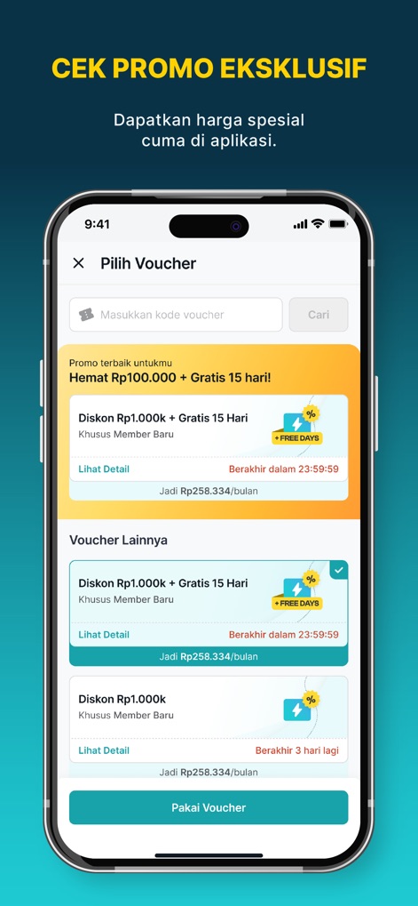 FIT HUB | Gym & Fitness App - Users can explore exclusive promotions and discount vouchers directly within the app, offering significant savings like Rp1.000k discounts and extended free access days.