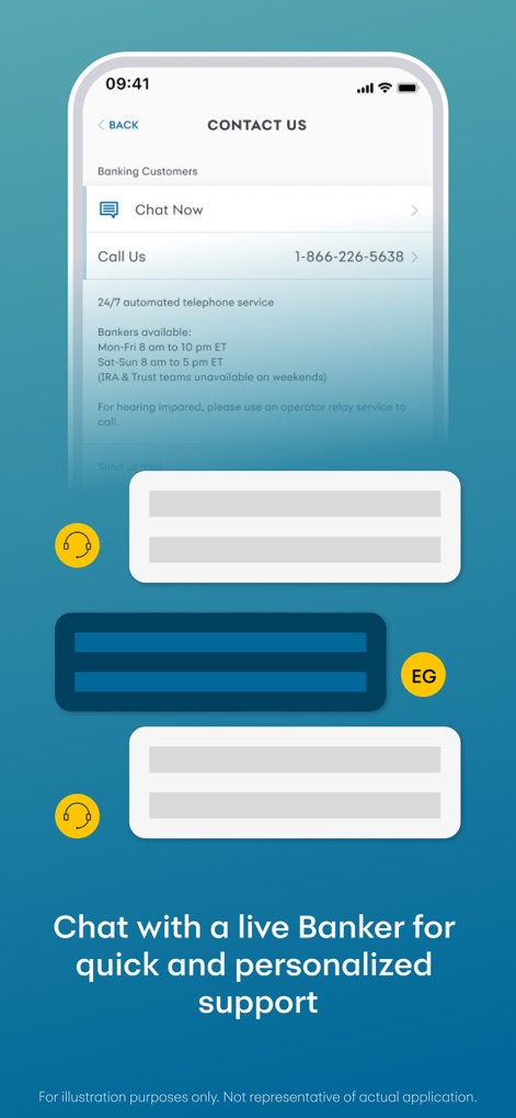 Synchrony Bank - La aplicación facilita el contacto directo, presentando la opción de 'Chat Now' para soporte en vivo y mostrando los horarios de disponibilidad del personal bancario.