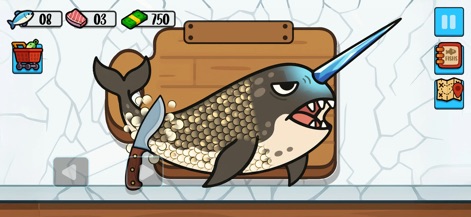 Catch and Feed - Users can engage in the preparation stage, utilizing a knife to process unique catches like this narwhal, all while monitoring in-game resources.