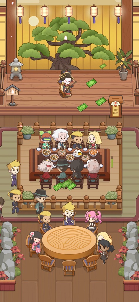 My Sushi Story - 이 이미지는 우아한 분위기의 개인실에서 손님들이 식사를 즐기는 모습을 나타내며, 무대 위 게이샤 캐릭터가 전통 악기를 연주하고 테이블 위에는 팁이 놓여 있습니다.