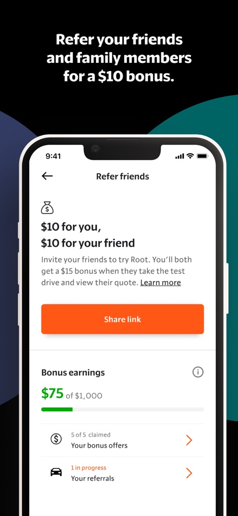 Root: Better car insurance - The app offers a clear referral program with explicit bonus details like "$10 for you, $10 for your friend" and includes a "Share link" button along with a "Bonus earnings" progress tracker.