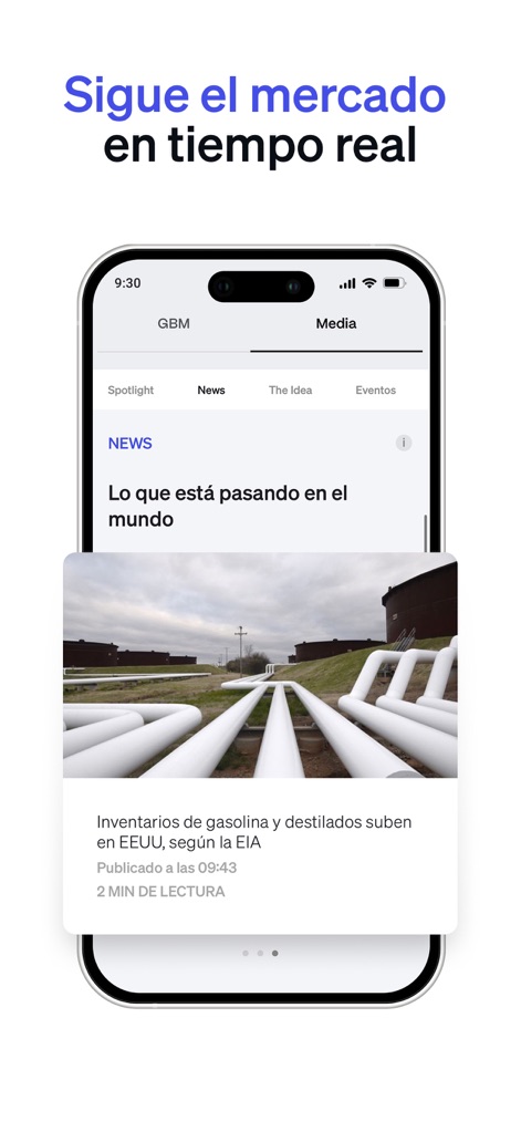 GBM - Para mantener a los usuarios informados, la app incluye una sección de "News" dedicada a contenidos relevantes, presentando actualizaciones del mercado como la noticia sobre "Inventarios de gasolina y destilados".