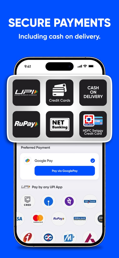Instamart: Groceries & more - The app ensures secure transactions by offering a wide array of options including popular digital methods like 'UPI' and 'Credit Cards', alongside the convenience of 'Cash On Delivery'.