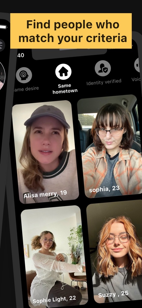 EZMatch: 18+ Dating,Meet&Flirt - Users can refine their search with the 'Find people who match your criteria' filter bar, including unique options like 'Identity verified' and 'Voice intro'.