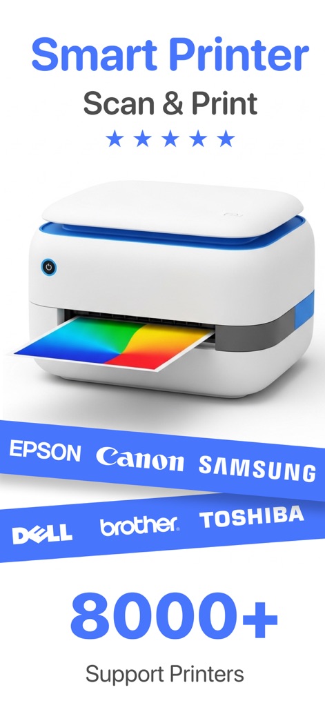 Smart Printer App for HP · - This initial view highlights the app's broad compatibility with major printer brands like Canon and HP, demonstrating its ability to support over 8000 printer models.