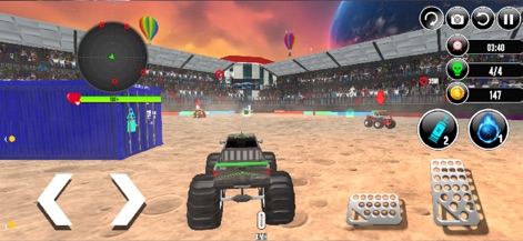 Moon Monster Truck: Car games - The app offers an expansive open arena view on simplified lunar terrain, complemented by diverse background elements such as colorful hot air balloons.