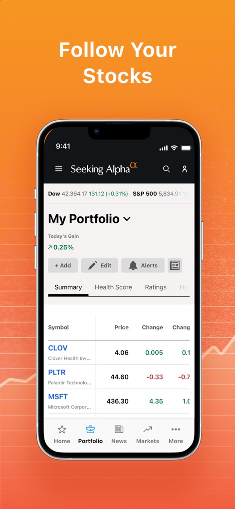 Seeking Alpha: News & Analysis - See how the app provides a concise portfolio summary, displaying individual stock performance and customizable alerts for holdings.