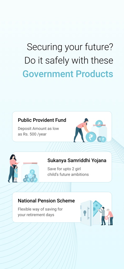 BOI Mobile - Users can explore secure future investments through government-backed products, highlighting the 'Public Provident Fund' with its low deposit amount and the 'Sukanya Samriddohi Yojana' for child's future.