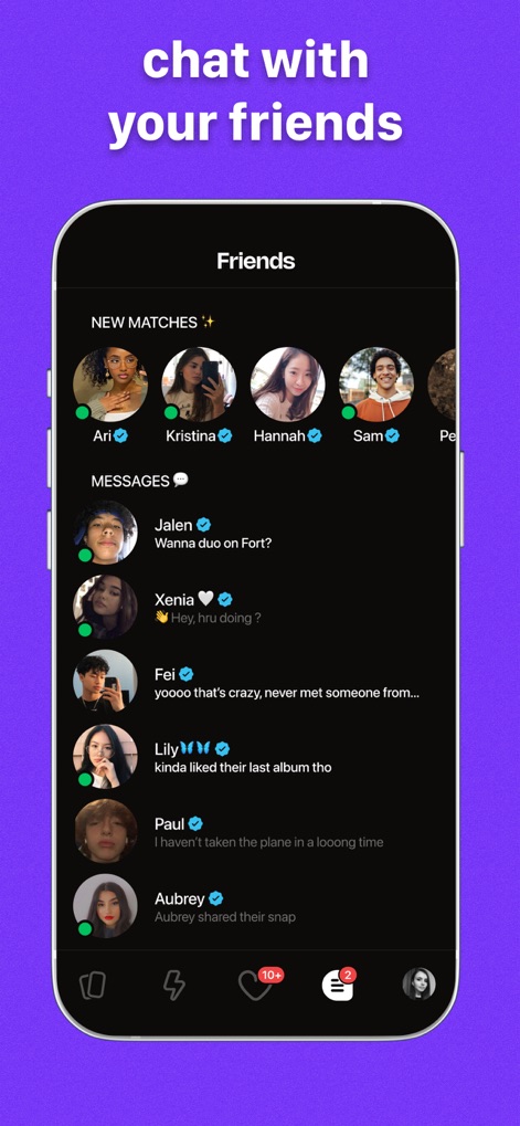 Peeps - Make New Friends - A tela de amigos organiza os novos matches e conversas ativas, com avatares de perfil visíveis para identificar facilmente cada contato.