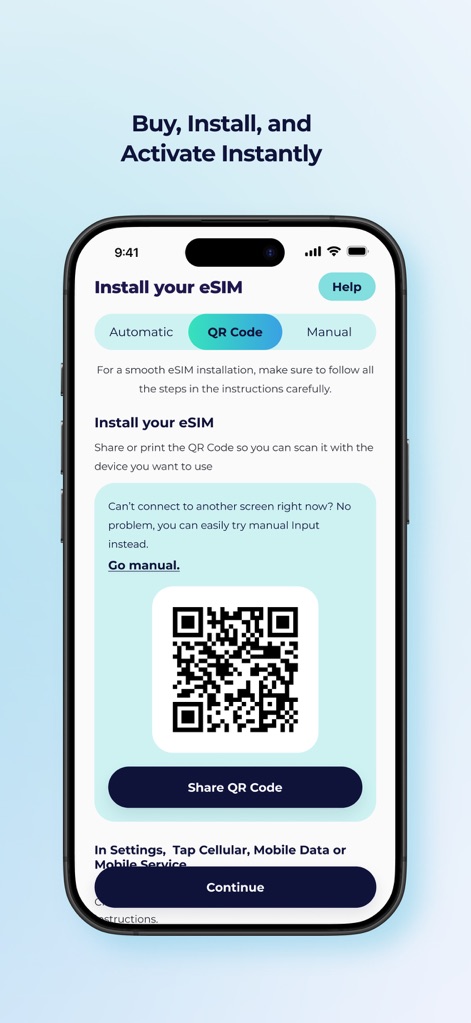 Orbit Mobile: Travel eSIM - This section demonstrates the quick "QR Code" installation method, providing a scannable code and an option to "Share QR Code" for easy activation.