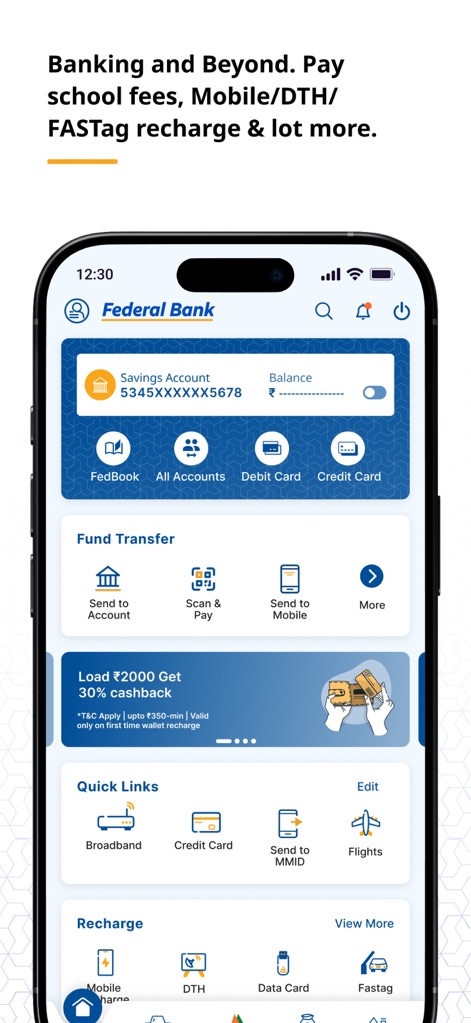 FedMobile - Explore the app's intuitive dashboard, showcasing essential features like quick fund transfer options including 'Scan & Pay' and comprehensive recharge services for 'Mobile' and 'DTH'.