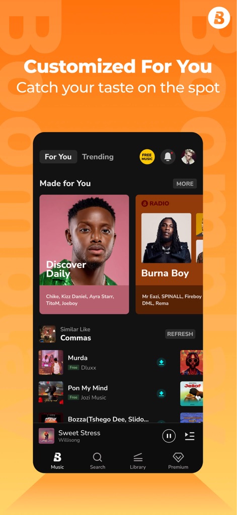 Boomplay Lite：Music Player Pro - Discover how the app curates a "Made for You" section with personalized playlists and dynamic radio stations based on user preferences.