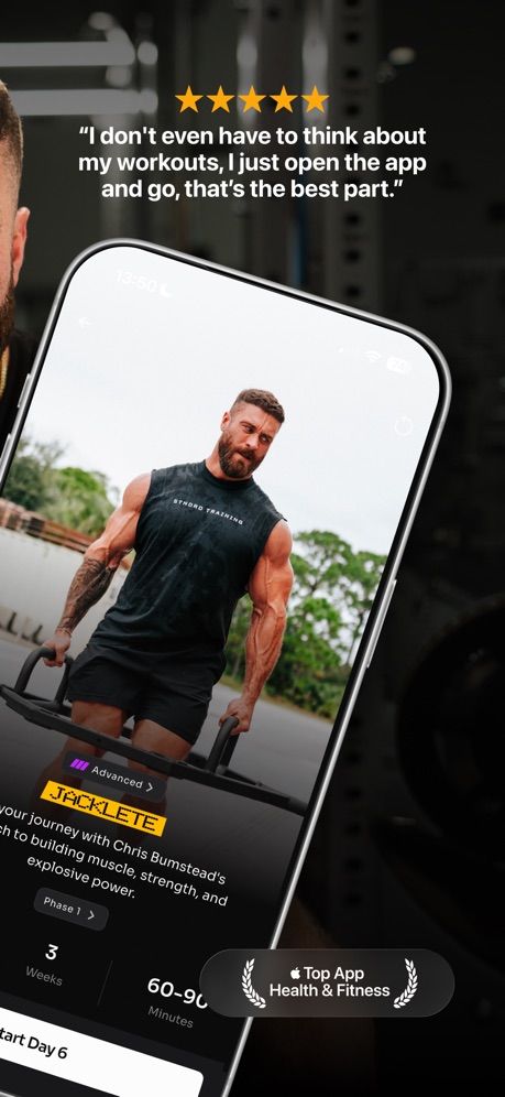 STNDRD Workout & Fitness Plans App Store screenshot 2, headline ““I don't even have to think about my workouts, I just open the app and go, that's the best part.””. Quotation marks.