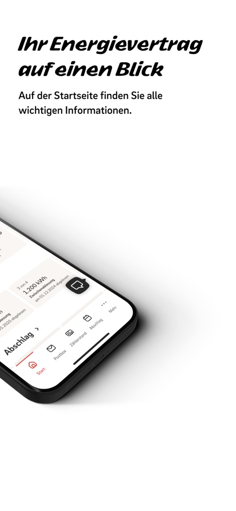 Mein E.ON - Users can effortlessly navigate the primary dashboard, revealing key consumption data like '1.200 kWh' and easily accessing features through the prominent bottom navigation bar, including 'Abschlag' and 'Postbox'.