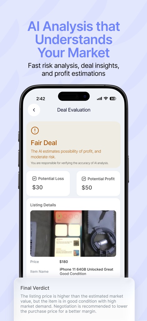 Swoopa - This feature provides a concise "Fair Deal" summary and detailed "Potential Loss" and "Potential Profit" figures for informed purchasing decisions.