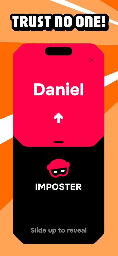 Picoboom - Group Party Game - This tool highlights player roles with the intense 'TRUST NO ONE!' message and the 'IMPOSTER' reveal screen for individual participants, adding suspense to gameplay.