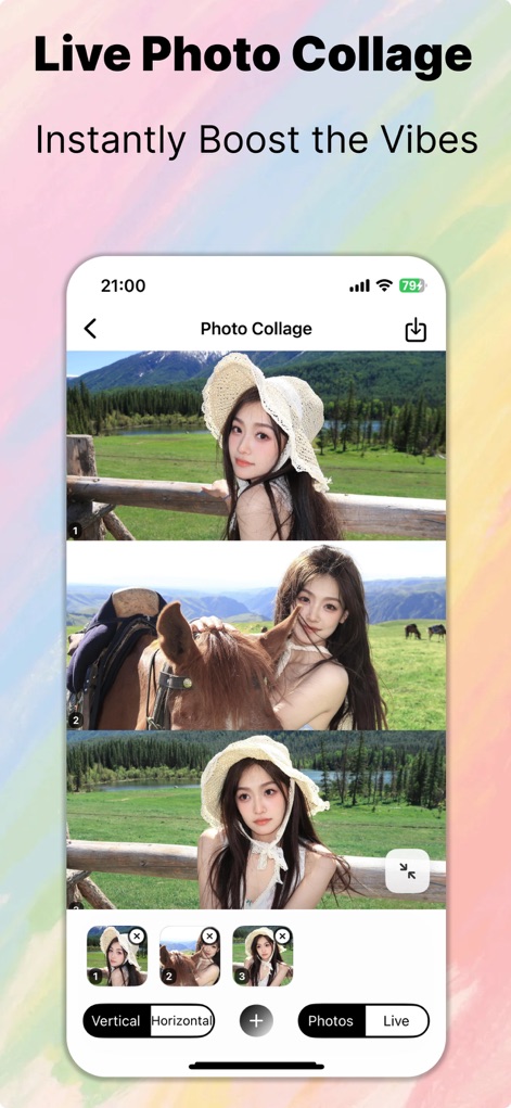 CamFusion - Dual Camera 视频抽帧截图 - Los usuarios pueden crear collages visualmente atractivos con facilidad, eligiendo entre diseños verticales u horizontales y combinando tanto fotos estáticas como Live Photos para un toque dinámico.