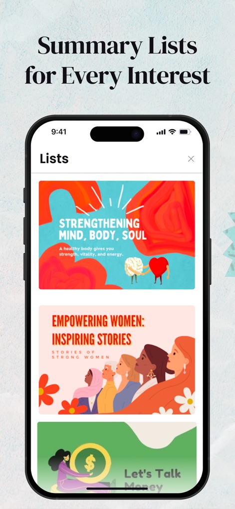 kitUP: Micro Learning Everyday - Users can explore a variety of summary lists, presented through engaging, illustrative cards such as 'Strengthening Mind, Body, Soul' and 'Empowering Women: Inspiring Stories'.