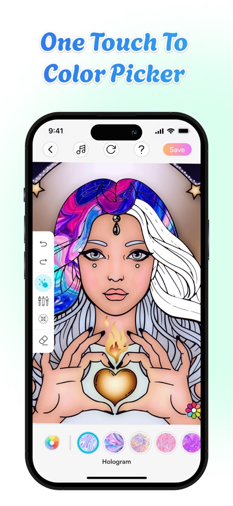 Corly: Color Picker Relax - O aplicativo permite uma experiência de colorir intuitiva, onde os usuários podem facilmente aplicar cores usando o seletor de cores na parte inferior e acessar diversas ferramentas de pintura.