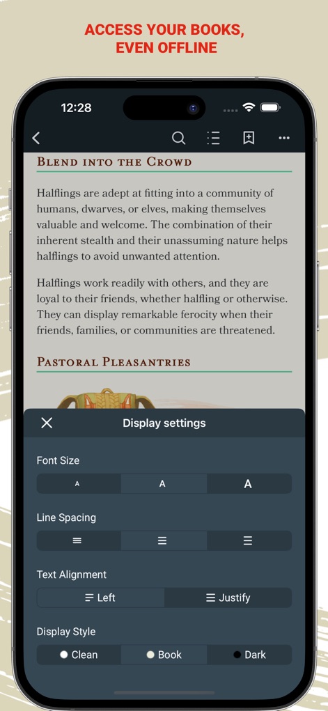 D&D Beyond - Users can access their entire D&D content library offline, customizing their reading experience with adjustable font sizes and various text alignment options.
