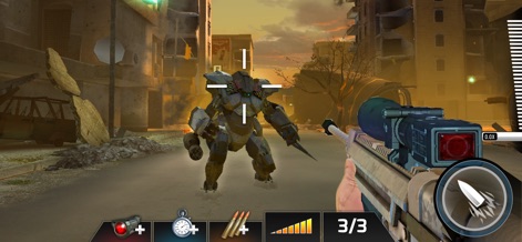 Kill Shot Bravo: Sniper Games - Cet outil confronte les joueurs à des menaces uniques, telles que l'imposant soldat Exo-Suit au centre de l'action et le décor urbain en ruines.