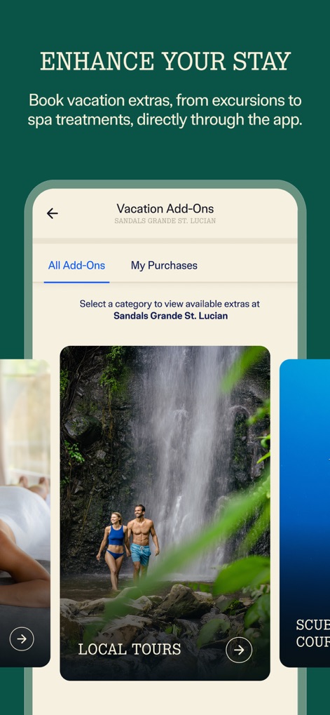 Sandals & Beaches Resorts - The app simplifies booking additional experiences, presenting categorized add-on options and visual previews of activities like local tours.