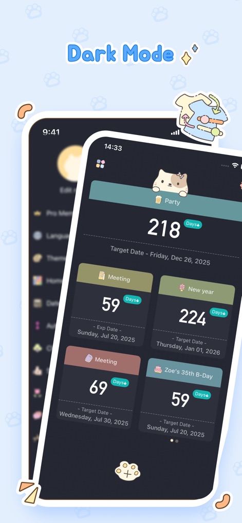 Days since - Countdown - The app features a sophisticated dark mode option, seamlessly integrating a user-friendly side menu and visually appealing event cards for comfortable night viewing.