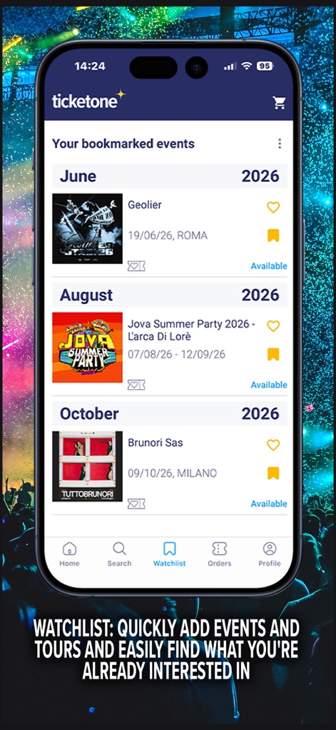 TicketOne: Tickets for Events - La liste de suivi organise les événements favoris par mois et affiche clairement leur statut de disponibilité rapide, permettant aux utilisateurs de rester informés.