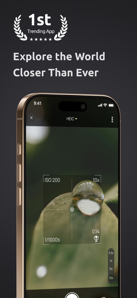 ZoomX : Super Zoom Camera - Users can precisely focus on intricate subjects like a water droplet while viewing key camera settings such as ISO 200 and the 10x zoom level.
