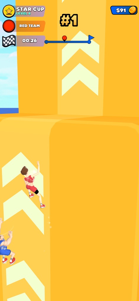 All Stars Challenge - Ce visuel illustre une des mécaniques clés du jeu, où les personnages doivent utiliser l'escalade pour progresser, avec la position actuelle et l'état de l'équipe (Équipe Rouge) affichés en temps réel pour une compétition intense.