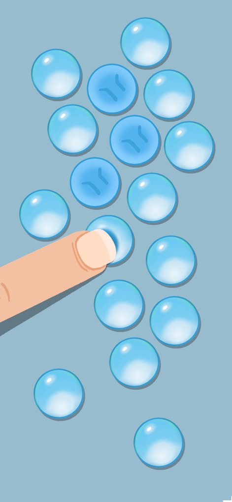 Satisgame - Uma mão interage com bolhas azuis translúcidas, ilustrando a gratificação sensorial e a animação suave de elementos como as pequenas bolhas que se desfazem.