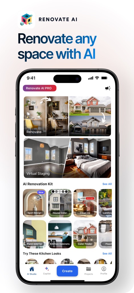 Renovate AI - Home Design - L'application propose un tableau de bord clair, permettant aux utilisateurs d'accéder rapidement aux fonctions clés telles que le "Virtual Staging" et le "Kit de Rénovation AI".