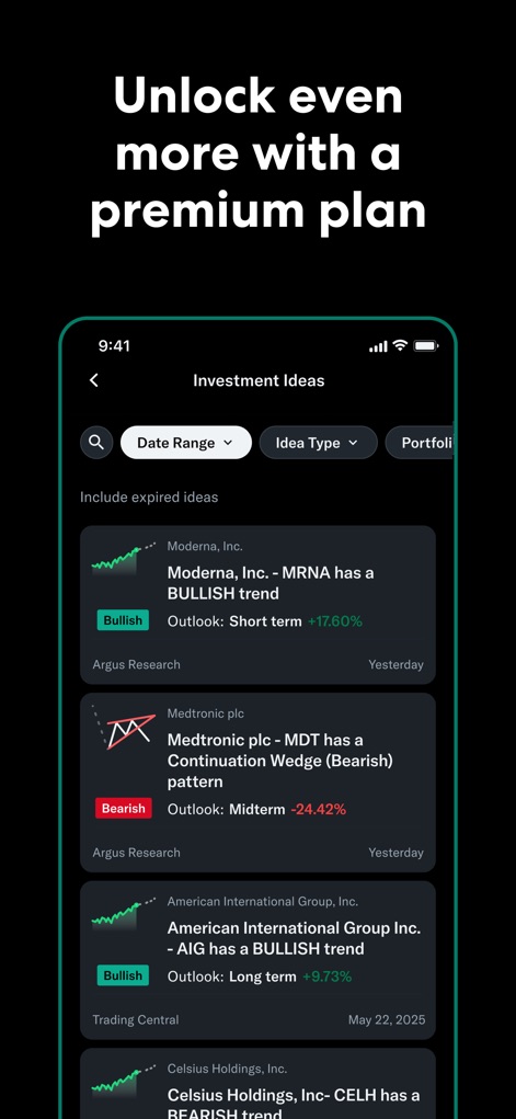 Yahoo Finance: Stocks & News - Premium-Nutzer entdecken exklusive Investmentideen, gekennzeichnet durch Trendindikatoren wie "Bullish" oder "Bearish" und spezifische Ausblicke (z.B. "Short term" oder "Long term").