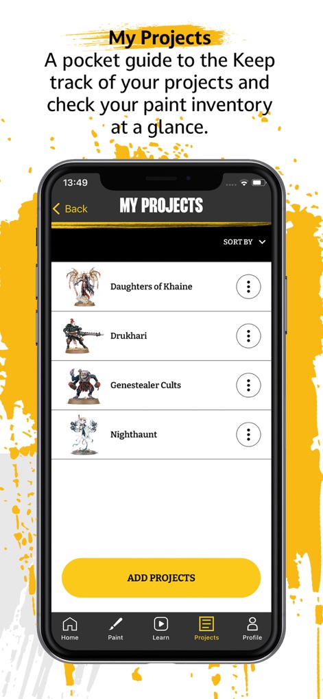 Warhammer Colour: The App - A funcionalidade 'MY PROJECTS' permite aos usuários organizar e rastrear suas criações, com uma lista clara de projetos como 'Daughters of Khaine' e um botão 'ADD PROJECTS' para novas adições.